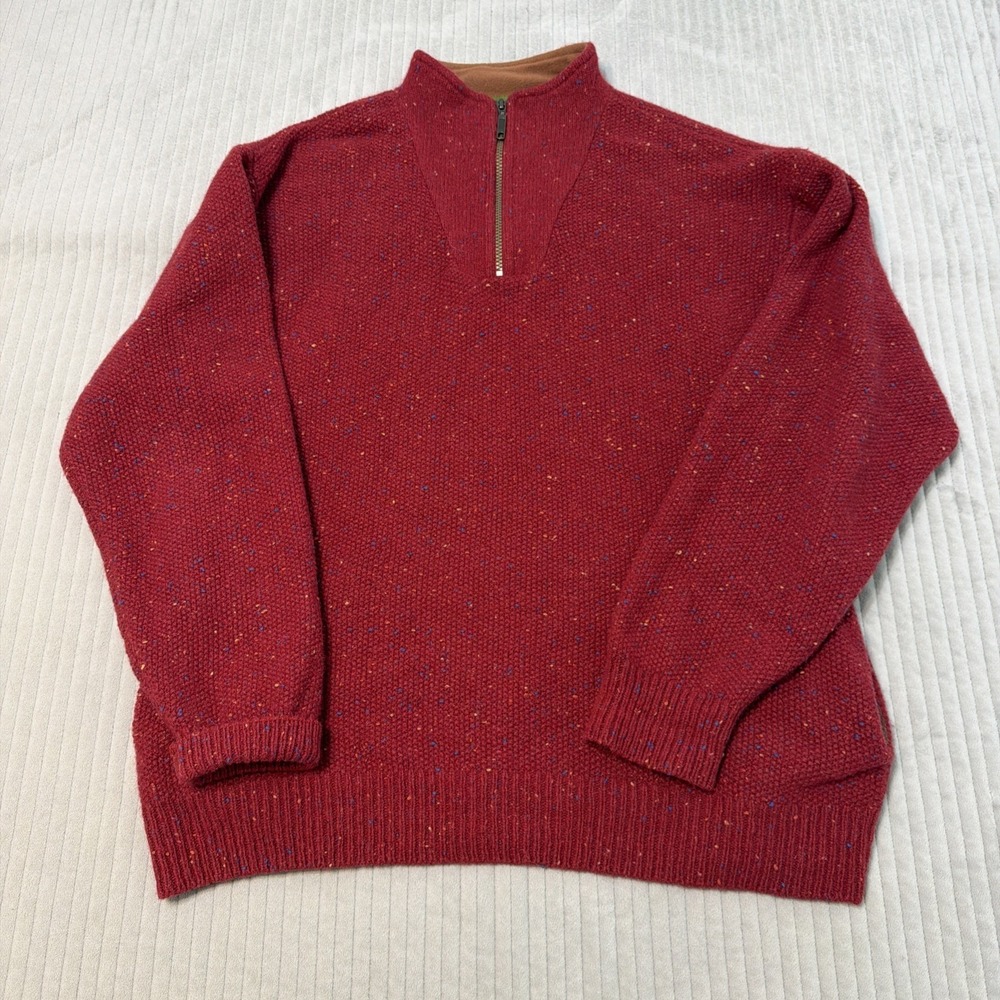 Orvis Sweater Mens‎ XL red Wool 1/4 Zip Mock Neck Pullover Knit Tweed